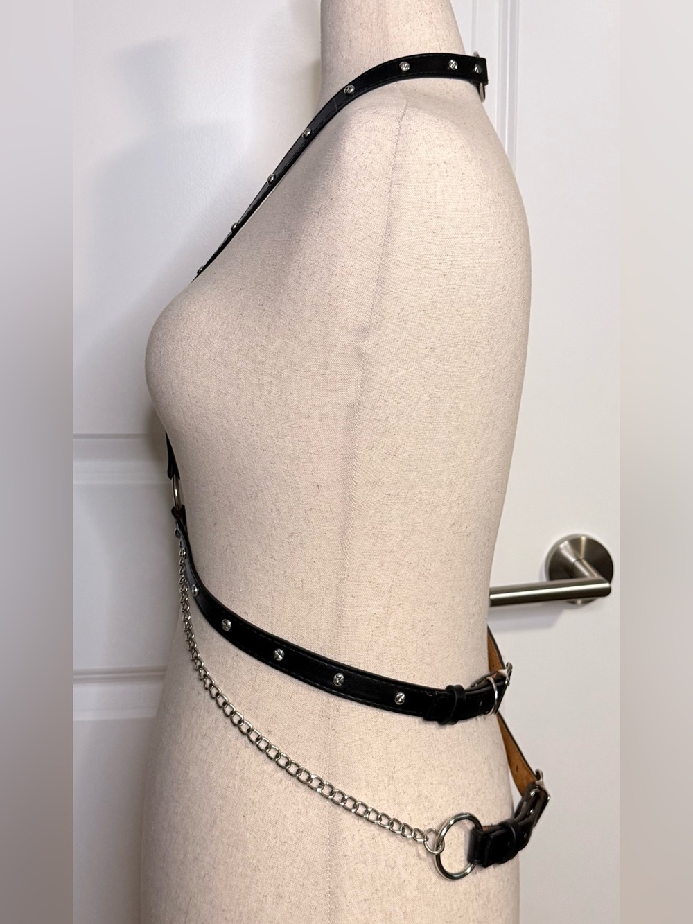 NEW Midnight Hour Black Leather O-Ring Studded Harness with Chain Belt Fits M-XL - Picture 5 of 9